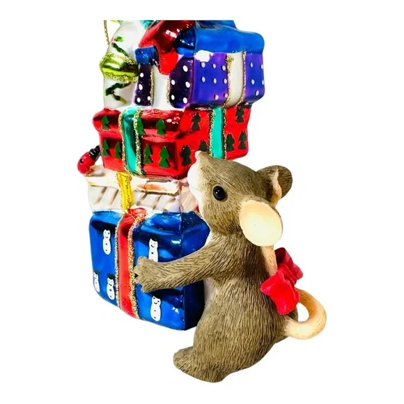 Charming Tails Blown Glass Christmas Tree Ornament Stacks Of Joy In Box with tag - Picture 3 of 10